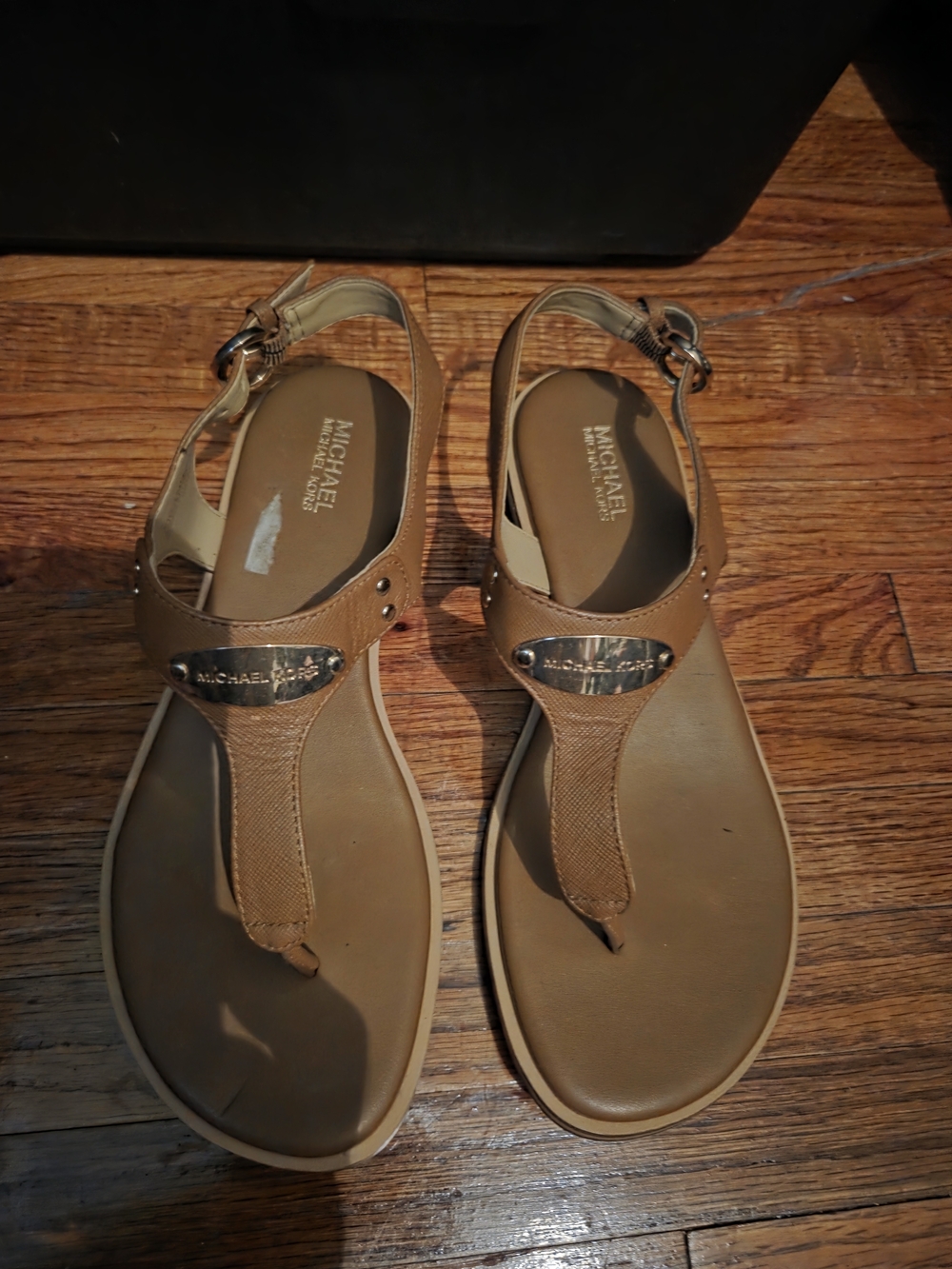 Michael Kors Brown Leather T-Strap Sandals with Logo Accent